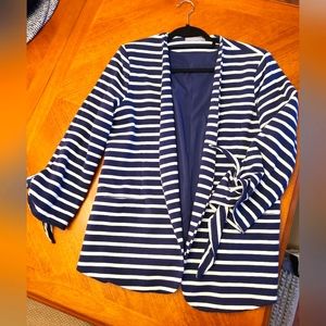 Olivia Moon Striped Blazer, Size Large, Blue and White, Bow Sleeves